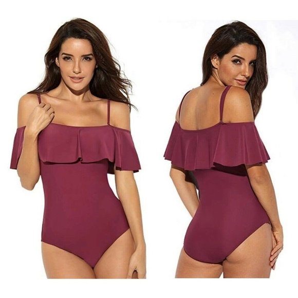 Funny Girl Flounce Ruffle Cold Shoulder Swimsuit Womens Size M Wine Burgundy - Picture 1 of 6